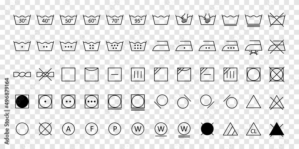 Laundry wash symbols on label icons set expand paths. Vector - obrazy, fototapety, plakaty 