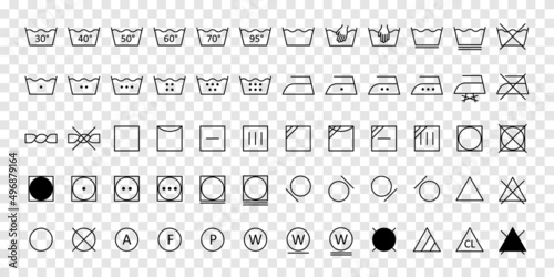 Laundry wash symbols on label icons set expand paths. Vector photo