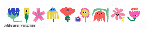Abstract Flowers creatures with Faces.  Floral shapes with different emotions.   Hand drawn trendy Vector illustration for kids. Paper cut domestic plants. Trendy cartoon style. All items are isolated
