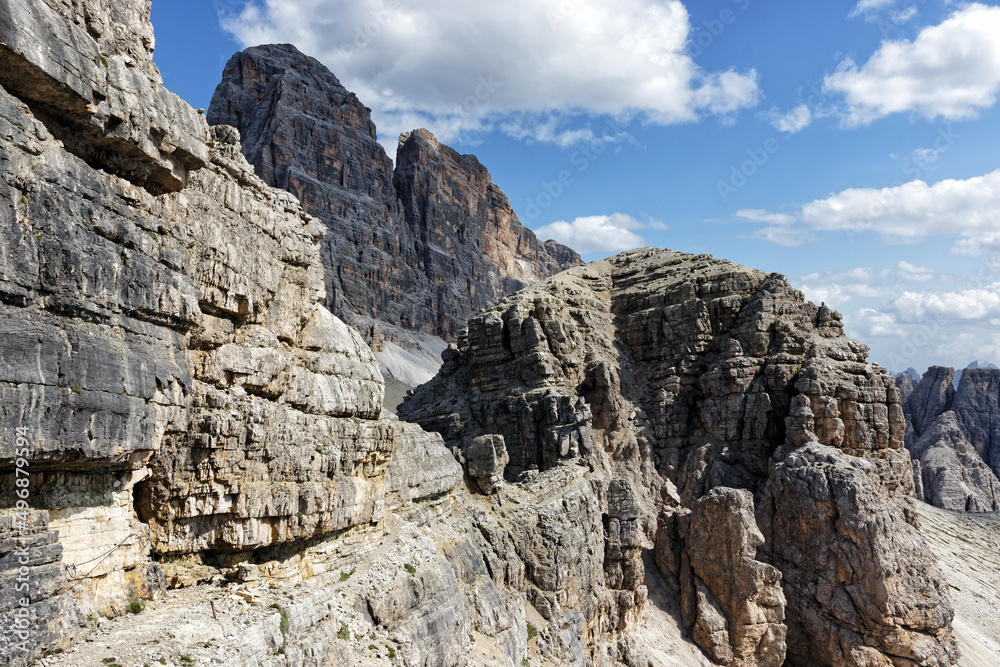 Famous peaks of the Sesto Dolomites, mountains in summer in South Tyrol, Alps, Alto Adige, Italy, Europe Famous peaks of the Sesto Dolomites, mountains in summer in South Tyrol, Alps, Alto Adige, Italy, Europe