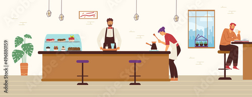 Coffee shop with barista and client drinking coffee, flat vector illustration.
