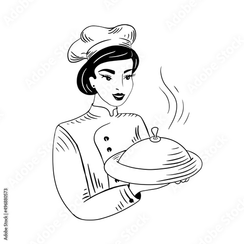 Beautiful girl chef cook holds a dish in her hands.Cooking concept.Cooking logo.Vector illustration.