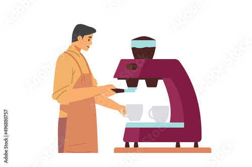 Coffee barista using machine for coffee brewing vector illustration isolated.