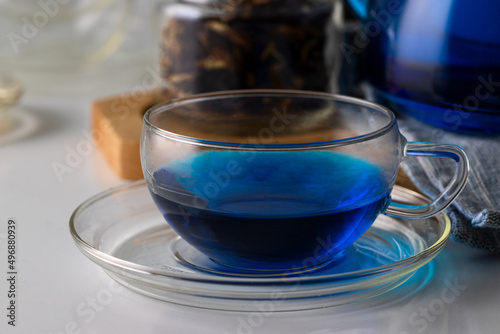 Close up of famous ayurvedic beverage.Blue tea  herbal beverage for health