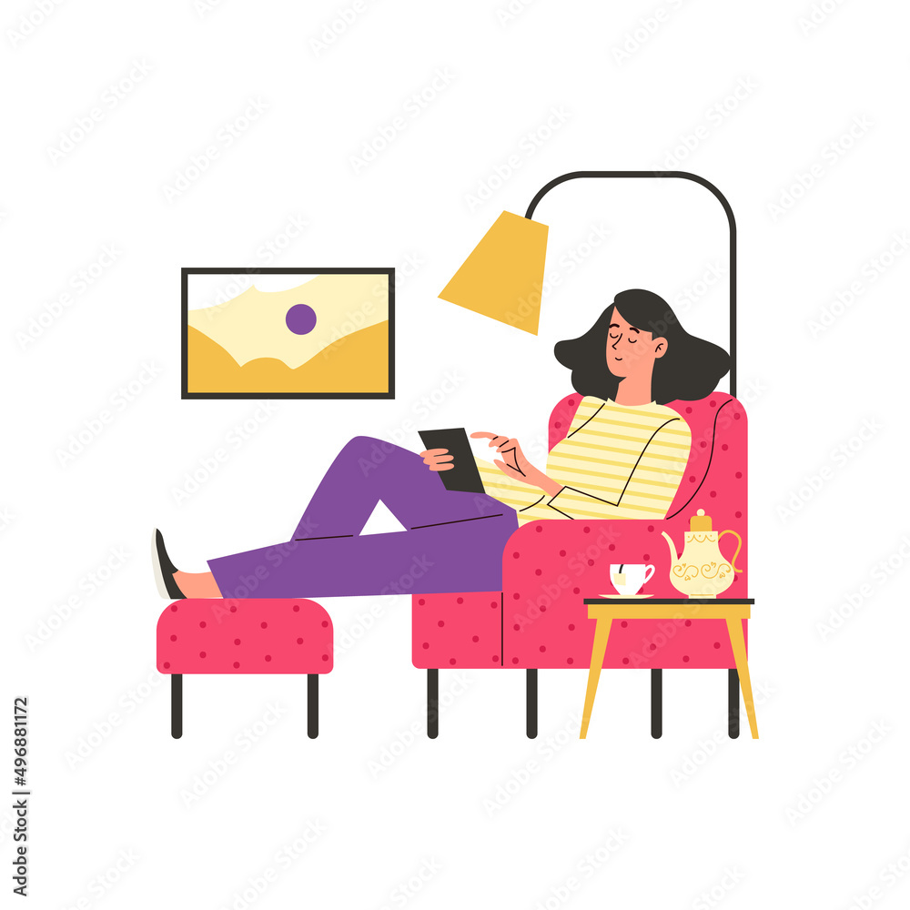 Woman enjoying comfortable stay at home flat vector illustration isolated.
