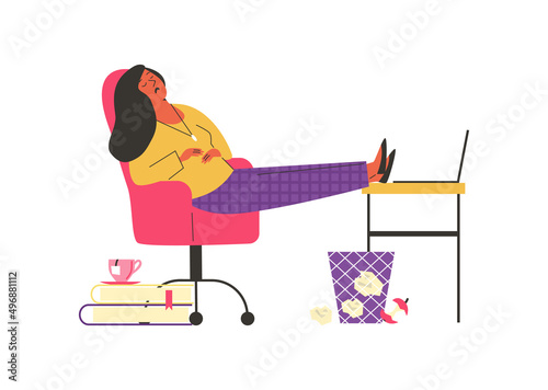 Sedentary lifestyle woman falling asleep flat vector illustration isolated.
