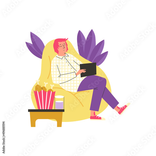 Person leading sedentary inactive lifestyle flat vector illustration isolated.