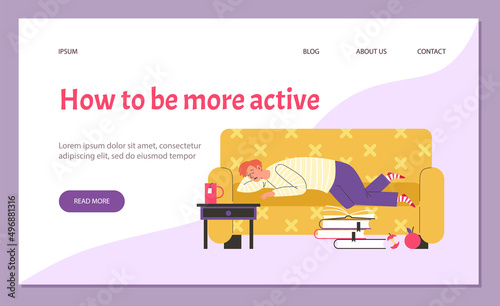Sedentary unhealthy lifestyle webpage interface flat vector illustration.