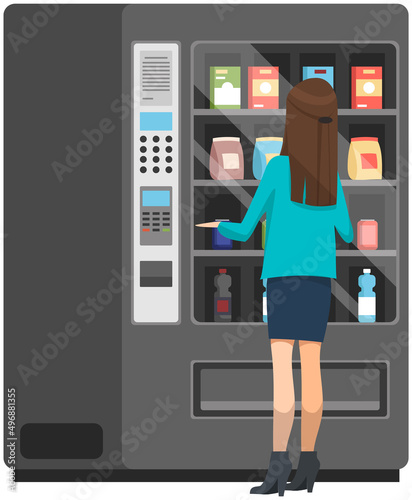 Woman using vending machine with snacks isolated on white background. Female character buying food and drinks in modern device. Lady standing next to food vending machine and chooses snack or soda