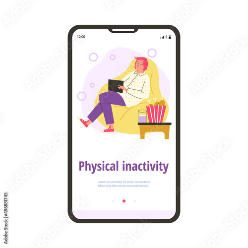 Physical inactivity onboarding page with inactive man flat vector illustration.