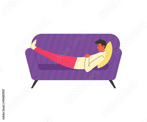 Man taking a nap on couch at home, flat vector illustration isolated on white.