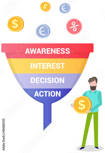 Business marketing technology, social media, search engine analysis concept. Man analyses sales funnel with stages of customer behavior. Change in interest of buyer analysis for capital accumulation
