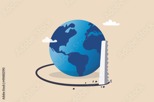 World economic crisis from war and geopolitical problem or threats, climate change or global warming destroying world concept, sawing globe to fall from the floor metaphor of danger and threats.