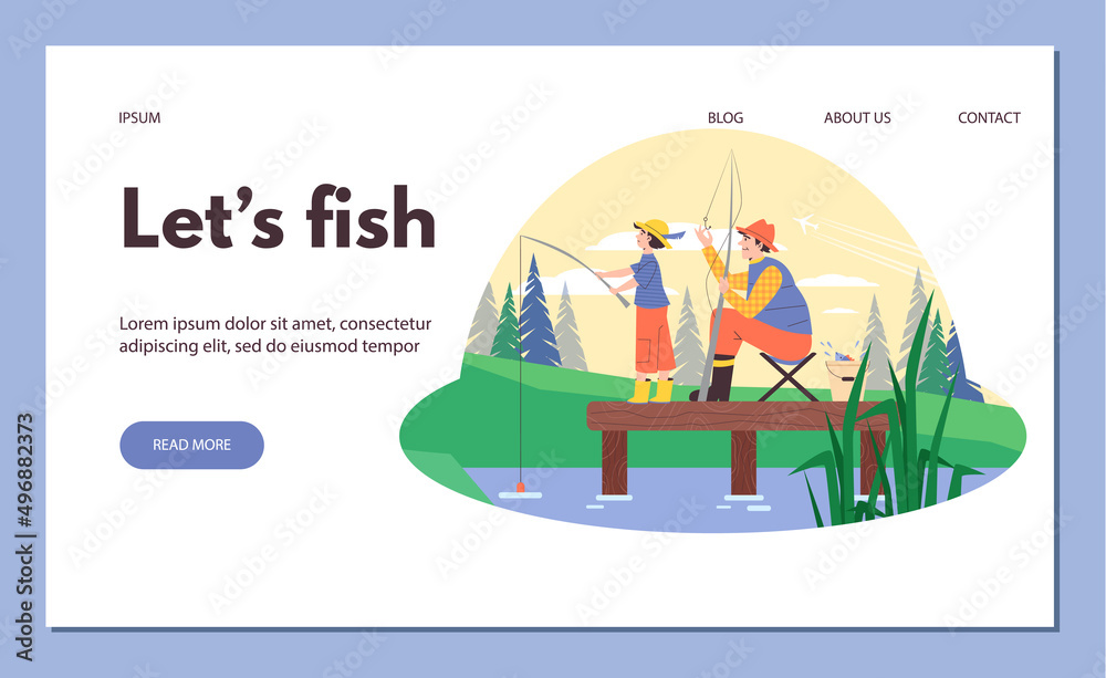 Website with father and child engaged in fishing, flat vector illustration.