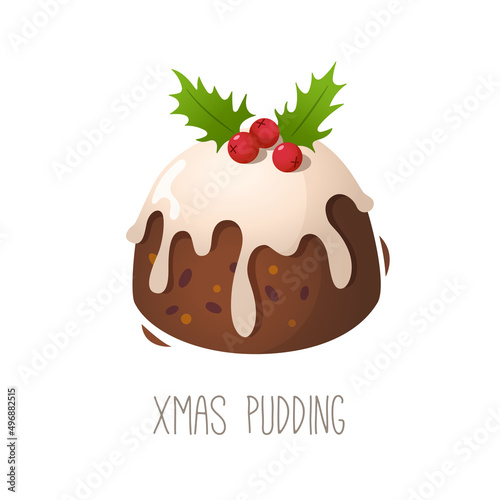 Collection of cakes pies and desserts for all letters of alphabet. Letter X - xmas cake christmas pudding. Sticky sponge cake with dried and candied fruit and citrus zest. Isolated vector illustration