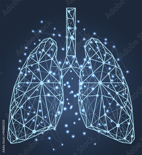 Human lungs surgery operation low poly. Medicine, disease, drug treatment, painful area. Polygonal human lungs with area of pain. Organ of human respiratory system. Bronchitis, pneumonia diagnostics