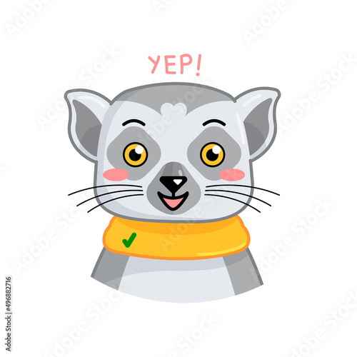 Cartoon funny lemur show positive emotion and agree. Vector animal illustration for emoji, sticker, print with word yep.