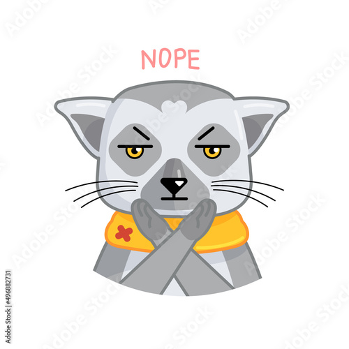 Cartoon funny lemur show negative against emotion and say no. Vector animal illustration for emoji, sticker, print with word nope.