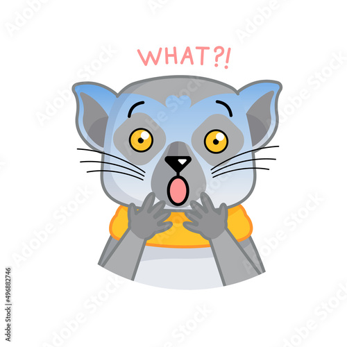 Cartoon funny lemur show surprised, anxious and scary emotion. Vector animal illustration for emoji, sticker, print with word what.