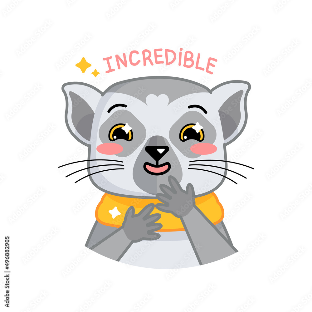 Obraz premium Cartoon funny lemur show positive, happy emotion. Vector animal illustration for emoji, sticker, print with word incredible.