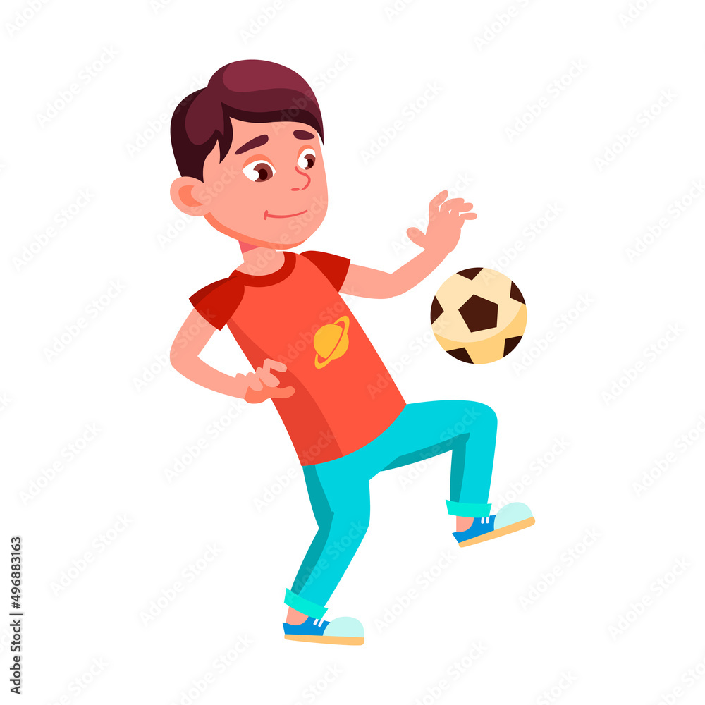 School Boy Kid Playing Soccer Sport Game Vector. Smiling Caucasian Schoolboy Kicking Ball On Leg And Play Soccer On Playground. Character Sport Active Time Flat Cartoon Illustration