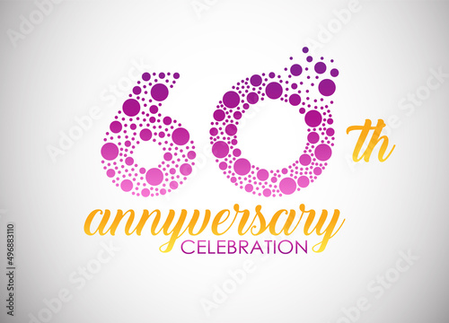 60 years anniversary celebration logo design with purple dots for greeting card, banner and invitation card. Happy birthday design of 60th years anniversary celebration.