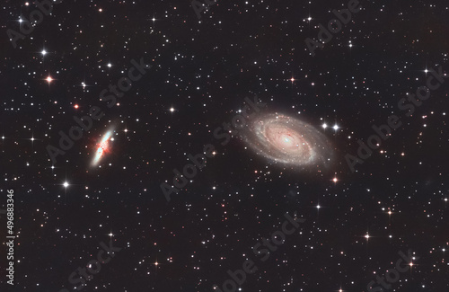 Fototapeta Naklejka Na Ścianę i Meble -  Bode's Galaxy M81,M82 in Ursa Major constellation with Nebula, Open Cluster, Globular Cluster, stars and space dust in the universe and Milky way, astrophotography camera on telescope.