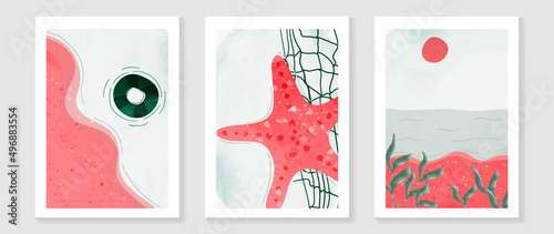 Abstract hand drawn beach wall art template. Vintage sea with seaweed, starfish, swim ring in line art pattern. Beach painting in pink tone for summer season, wall decoration, interior, wallpaper.