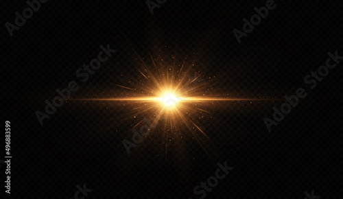 Shining golden star. Light Effect Bright Star, Christmas Star. Gold glowing light explodes.