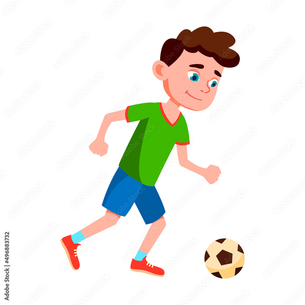 Schoolboy Kid Playing Soccer On Stadium Vector. School Boy Child Play Soccer Team Game And Kick Football Ball On Field. Preteen Character Player Sport Competition Flat Cartoon Illustration