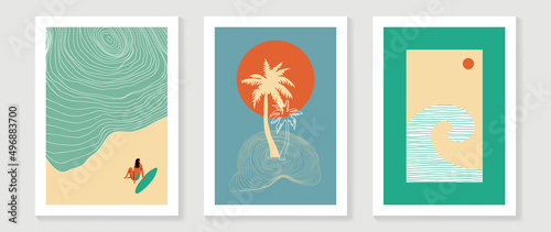 Abstract line art beach wall art template. Sea wallpaper design with coconut tree, sun, sea wave, beach in minimal style. Ocean painting for summer season, wall decoration, interior, background.