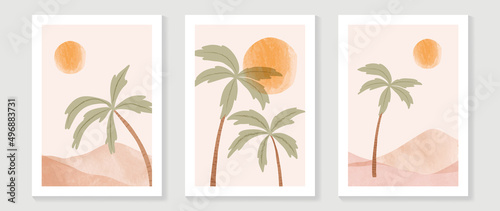 Abstract watercolor beach wall art template. Wallpaper design with coconut tree, sun, sand beach in minimal style. Summer painting for wall decoration, interior, background, cover, banner.