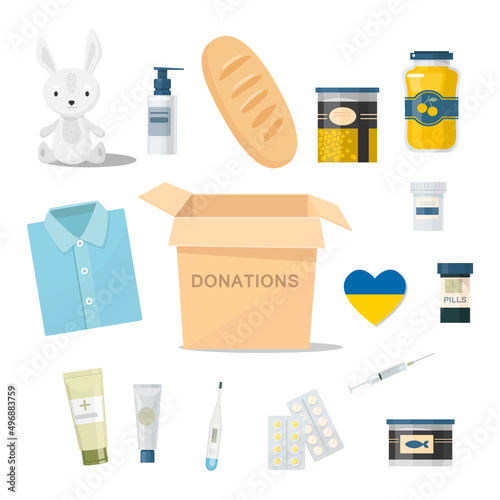 Donation kit. Cardboard box, food, medicine, toys. Help for refugees, humanitarian aid. Set. Vector illustration. isolated.