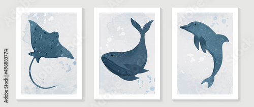 Abstract watercolor sea animal wall art template. Summer wallpaper design with stingray, whale and dolphin in blue tone. Ocean painting for wall decoration, interior, background, cover, banner.