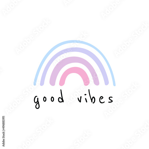 Good vibes only lettering card vector illustration. Quote with inspirational emphasize in colorful style and rainbow on purple background flat style. Female t-shirt design concept