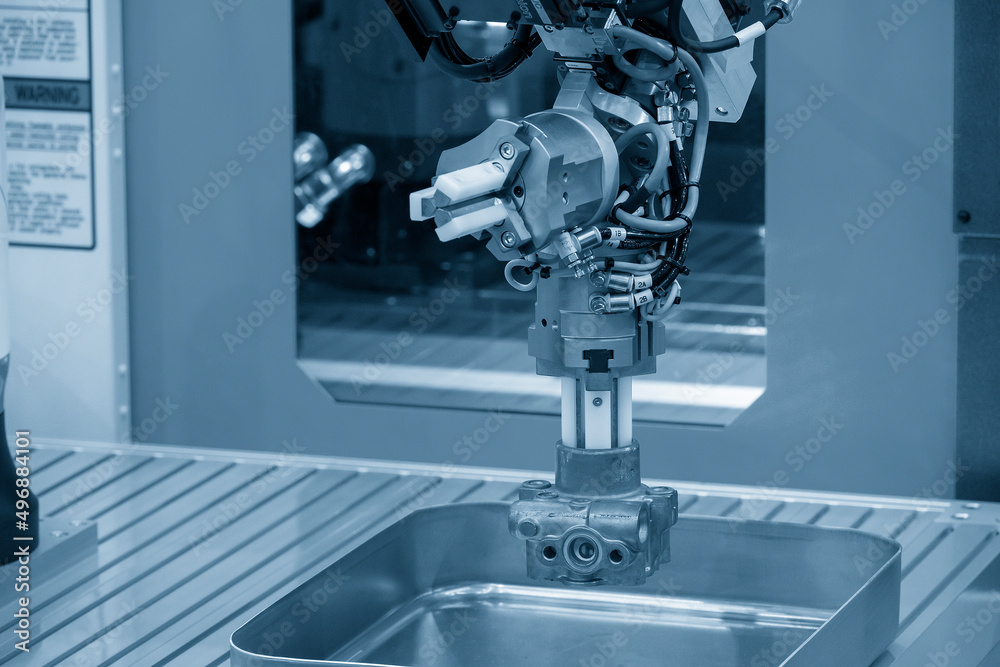 Fototapeta premium The hi-technology material handling process by robotic system with aluminum parts.