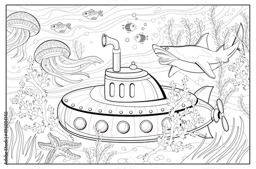 Submarine between marine inhabitants. Coloring book for children and adults. Underwater life. Image in zentangle style. Printable page for drawing and meditation. Black and white vector illustration.