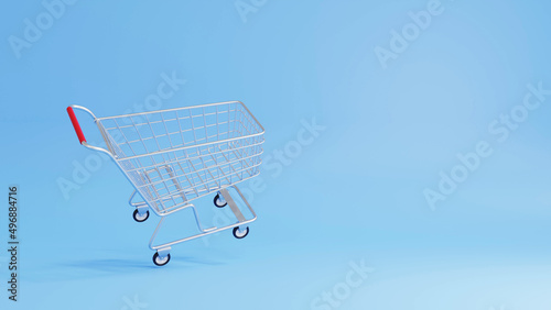 Empty supermarkets cart shopping on blue background, 3D render