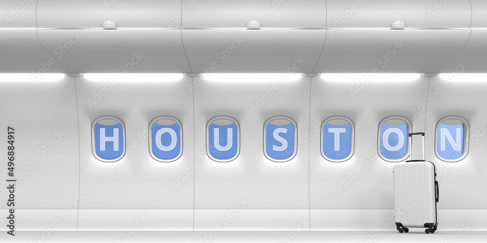 Houston text on an airplane portholes. 3d rendering