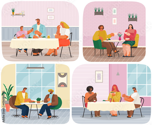 Group of people eating and talking in restaurant or cafe scenes set. Happy family, parents with children, group of people, man and woman visitors in coffee room, business partners informal meeting