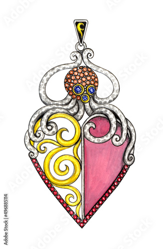 Murais de parede Jewelry design art vintage heart mix octopus pendant
