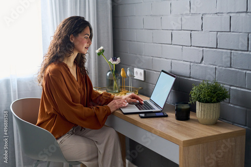 Side view of young female entrepreneur in casualwear sitting by workplace in front of laptop and networking in home office photo