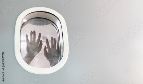 Passenger suffocating and asking for help while stuck inside the airplane after catastrophic accident for plane crash and hijack concept with copy space