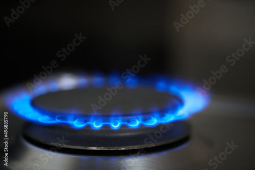 Modern kitchen stove cook with blue flames burning. © Rabanser