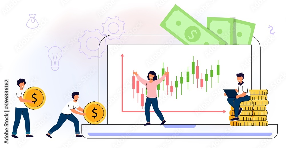 Fototapeta premium Invest in best idea Investment and analysis money cash profits metaphor Flat design tiny people and business concept for trading. Economical wealth revenue visualized as pile of cash vector illustrati