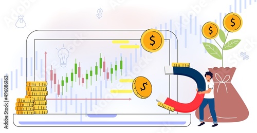 Monetization concept Flat tiny persons vector illustration Online e-commerce marketer analyzing blog content and generating income with ad placements and sponsor partnerships Monetize data services
