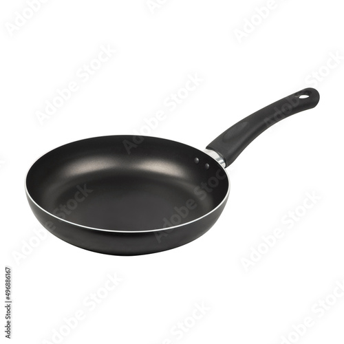black metal frying pan with plastic black handle on white background isolated