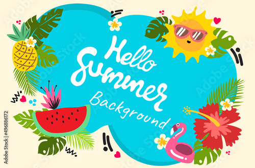 blue background hello summer concepts art design watermelon sun pineapple flamingo