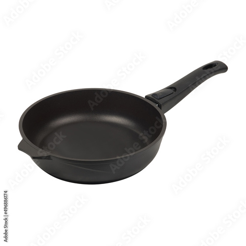 saucepan, deep black metal frying pan with plastic black handle on white background isolated