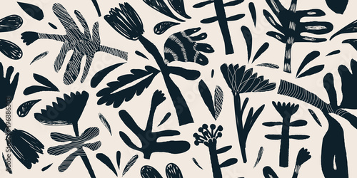Hand drawn abstract trendy flowers pattern. Collage contemporary print. Fashionable template for design.